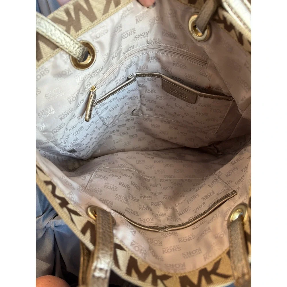 Michael Kors Monogram Tote Bag Gold Metallic Trim Jacquard Canvas Large Shoulder